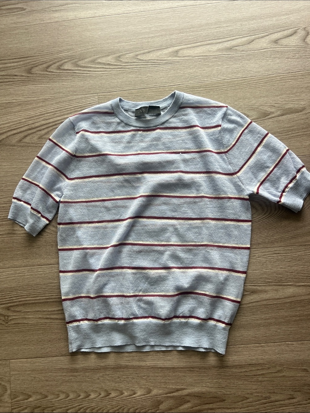 Zara Short-Sleeve Knit Sweater with Red Stripes